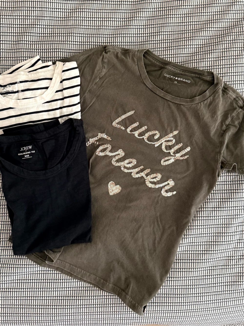 2 J Crew and 1 Lucky Brand Olive Green 'Lucky Forever' Graphic Tee Bundle!